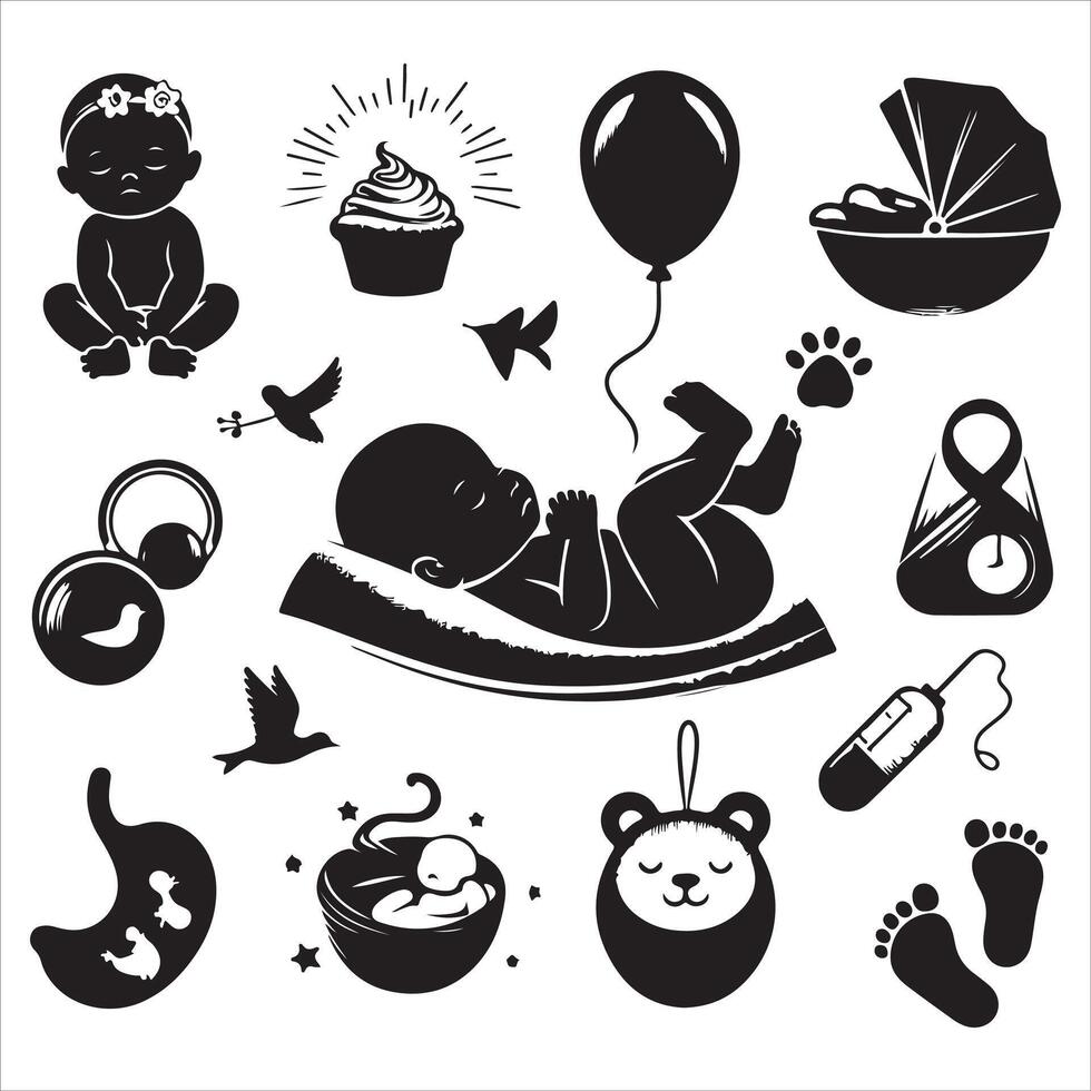 Newborn baby black set, Newborn baby silhouette , Newborn baby black set illustration vector