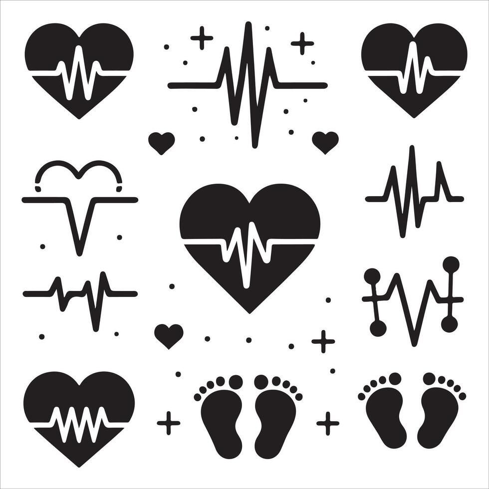 Minimal Set of heart pulse with heart and babys feet flat style illustration vector