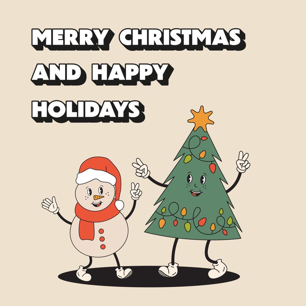Cute Christmas greeting card with funny cheerful snowman, Christmas tree in hippy retro groovy style. Funny greetings, Merry Christmas and Happy Holidays. Winter holidays, Christmas, New Year concept. vector