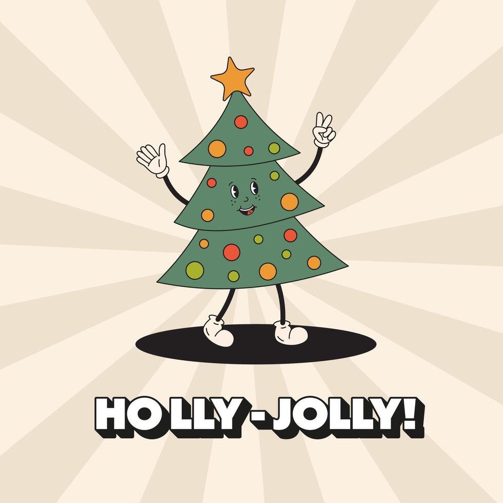 Christmas greeting card with cute Christmas tree character in retro groovy style. Happy winter holiday concept. Holly Jolly Christmas card, poster, decorative print. Hippy Christmas fir tree dancing. vector