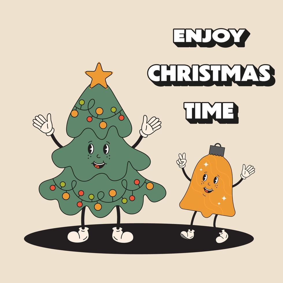 Festive Christmas greeting card. Hippy Christmas tree and bell characters in groovy retro style. Modern trendy Christmas card, poster, decorative print and text Enjoy Christmas time. vector