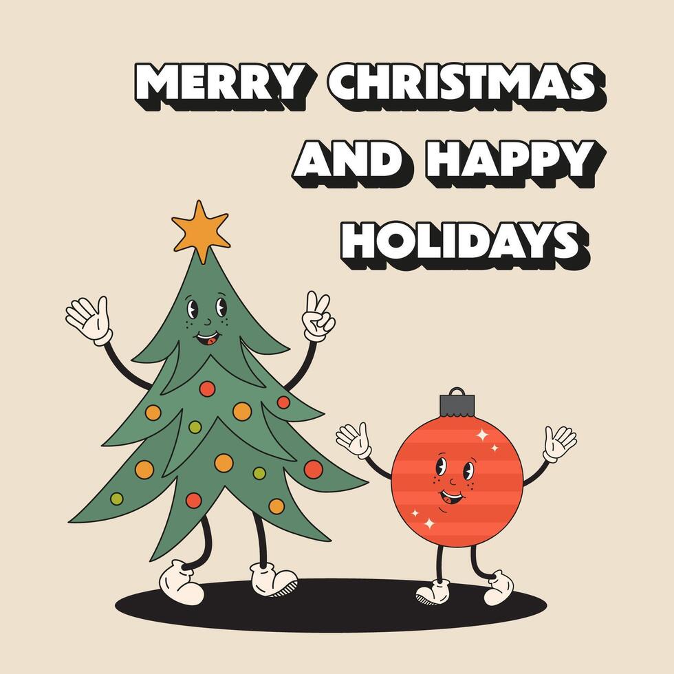 Christmas tree with with decorative bauble in cute retro style. Christmas fir tree and red ball toy in groovy hippy style. Its the most wonderful time of a year. Greeting card, cheerful holiday spirit vector