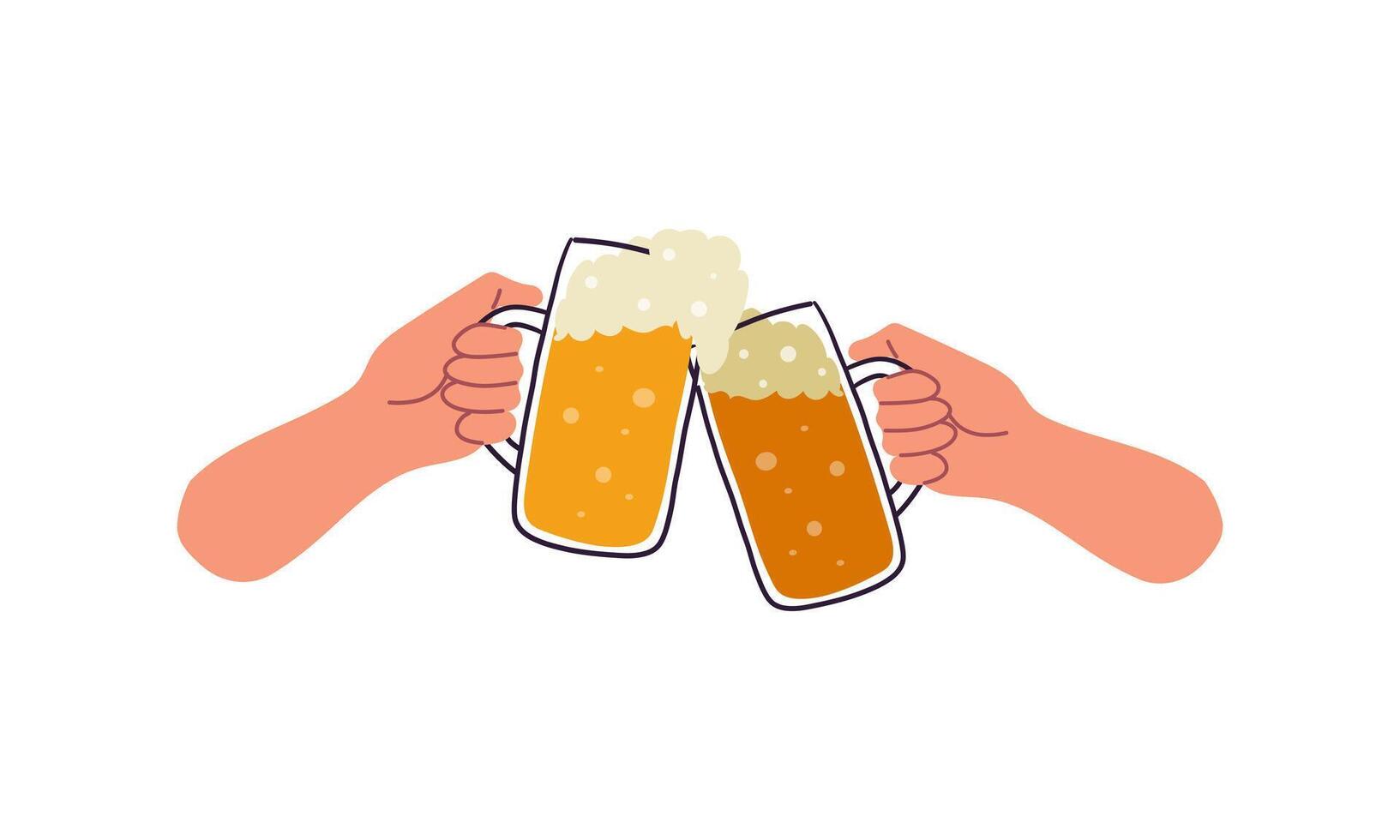 Cheers with beer glasses. Hands holding glass with alcohol drinks. Friends toast on pub or bar party. Octoberfest concept vector