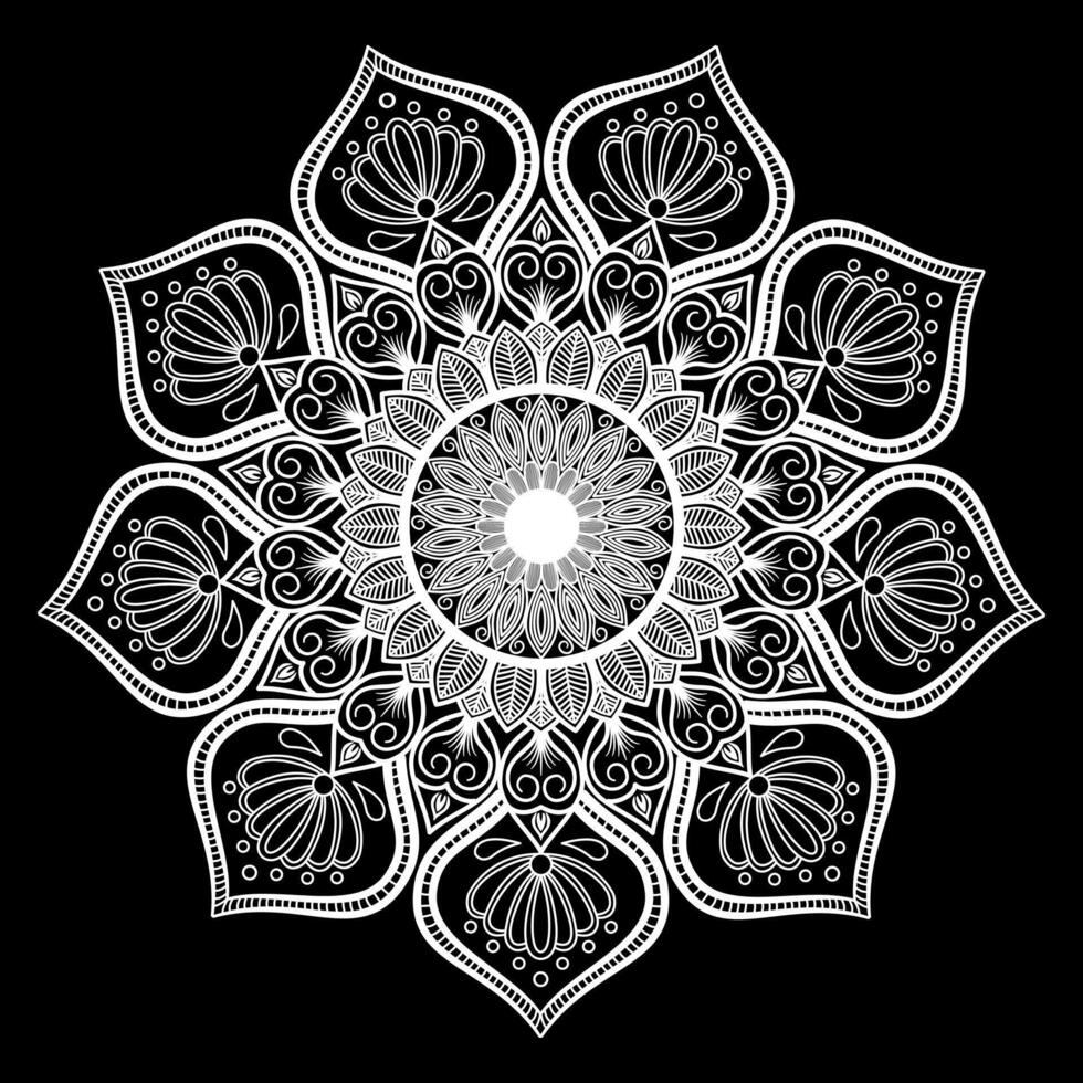 Circular mandala ornament,round floral pattern,hand draw white line on black background vector