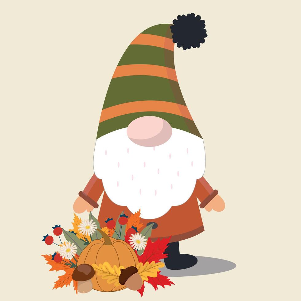 Cute autumn gnome with striped hat and pumpkin, surrounded by colorful leaves, acorns, and berries. Illustration for postcard, banner, invitation, sticker, greeting card vector