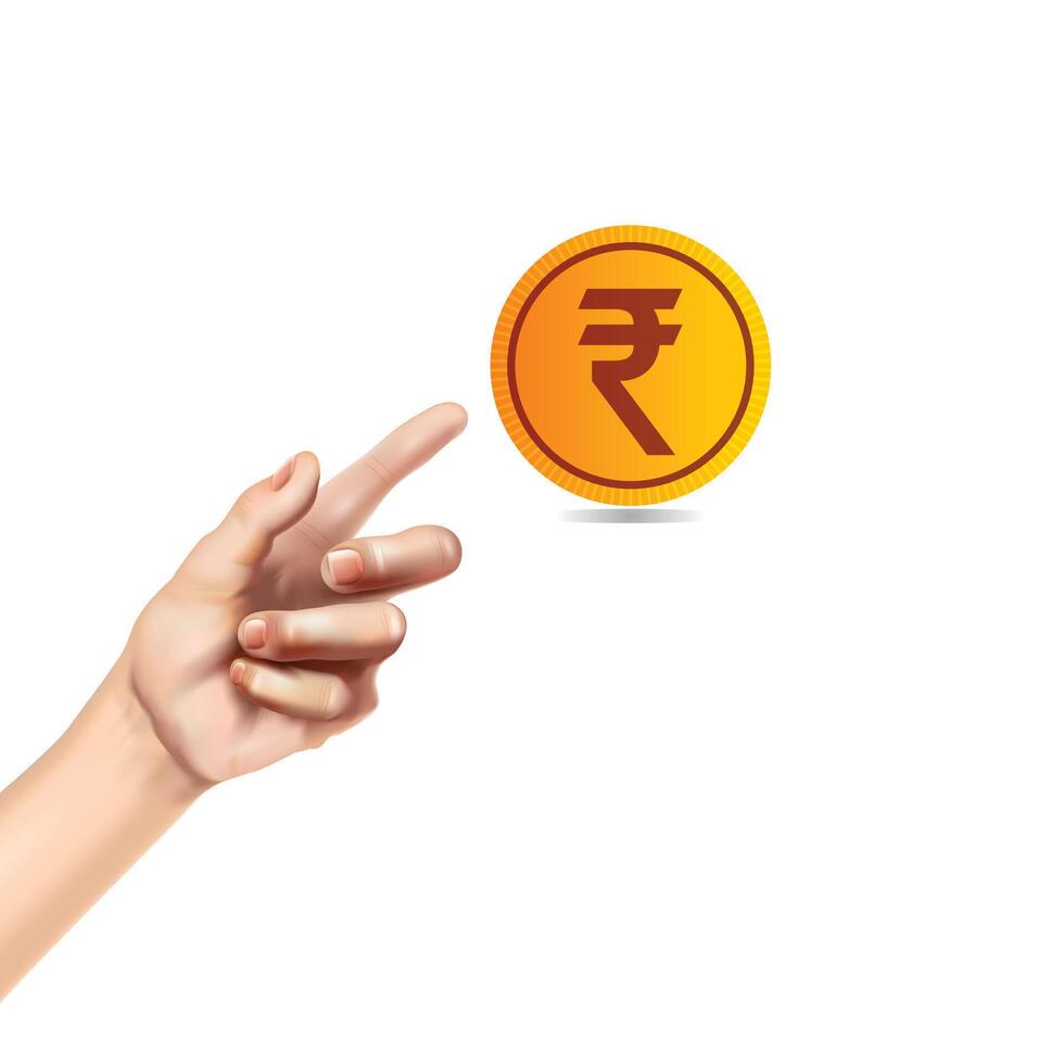 a hand that has the finger pointing on rupee gold coin. vector
