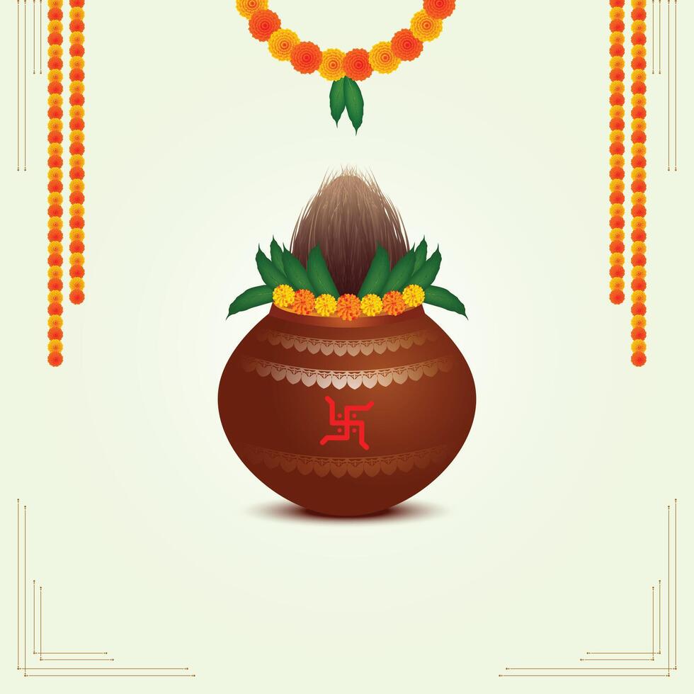 Navratri Kalash Puja Decorate the Kalash pot with a coconut. vector