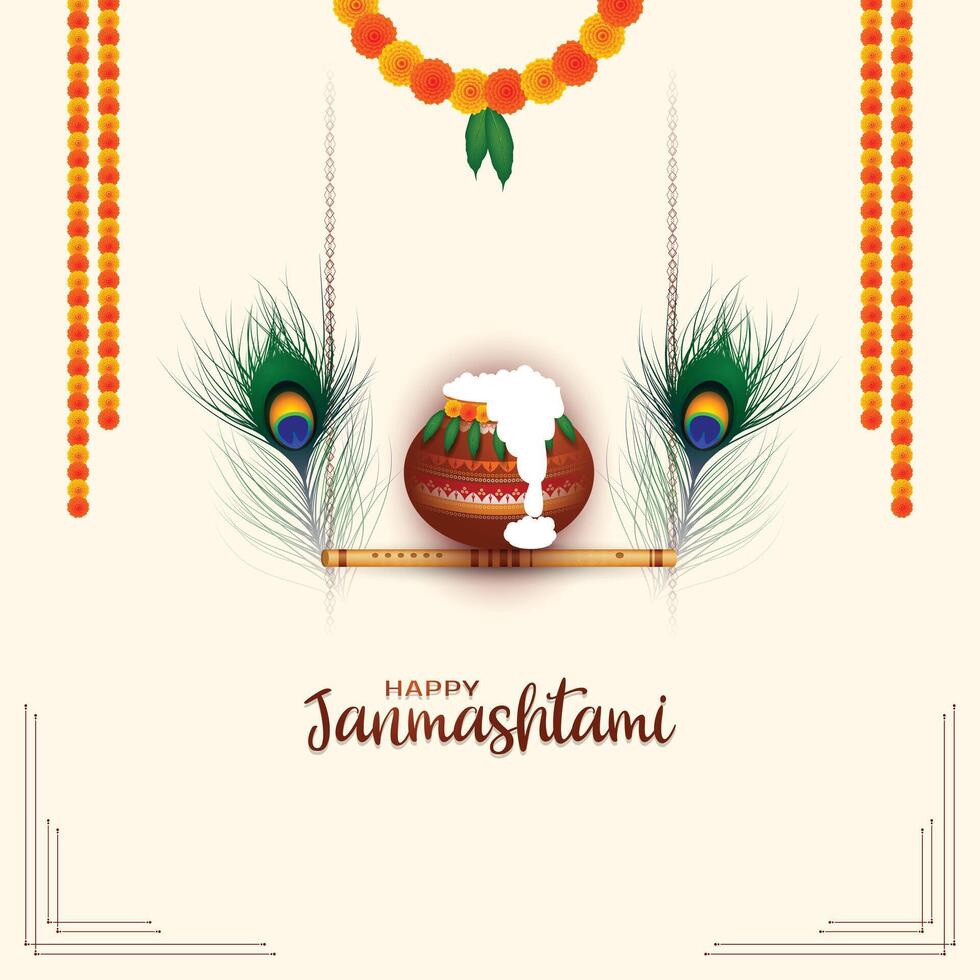 a poster for a festival called Happy Janmashtami in india with a feather on it. vector