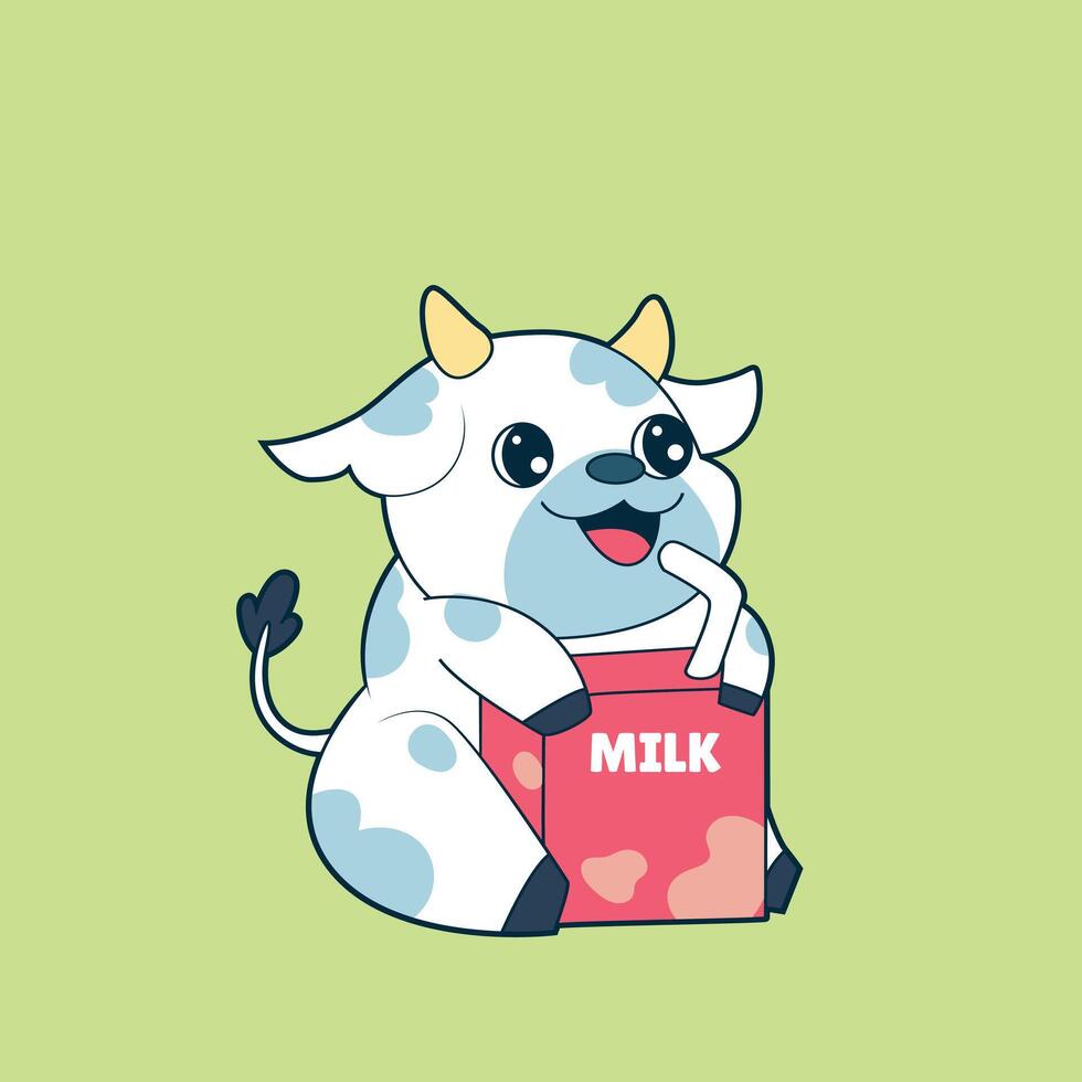 illustration of a cute cow with a carton of milk with a straw stuck in it. vector
