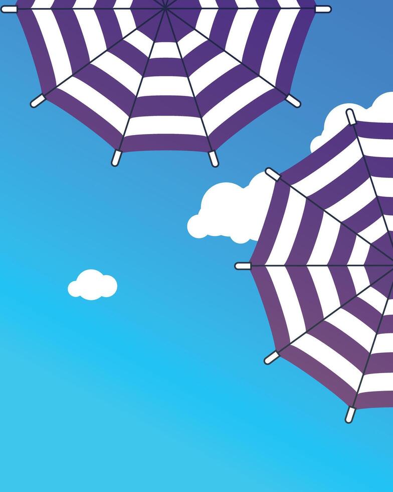two purple and white umbrellas with a blue sky and clouds in the background. vector