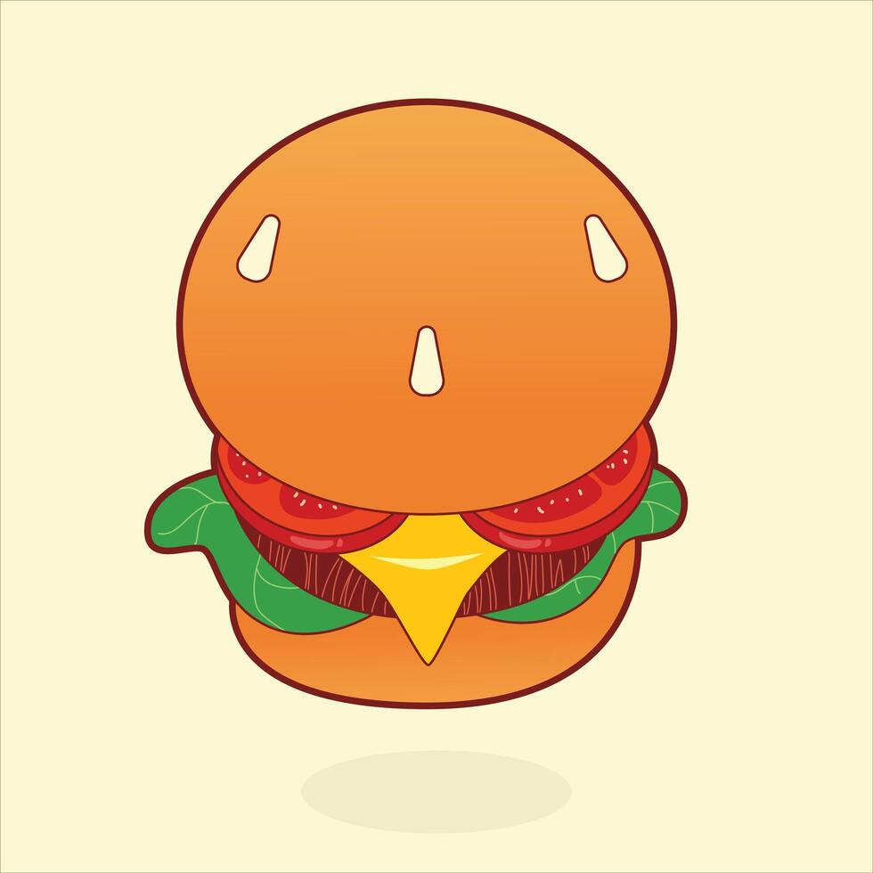 cute hamburger illustration, bun, tomato, cheese, beef, and lettuce. vector