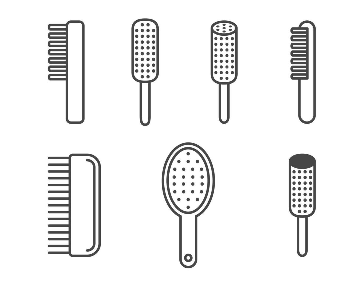 Collection of graphic icons of combs and hair brushes. vector