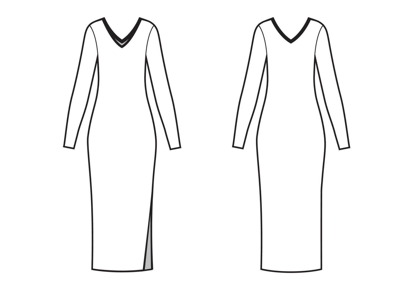 Elegant slim midi dress with V-neck, flat sketch, front and back views vector