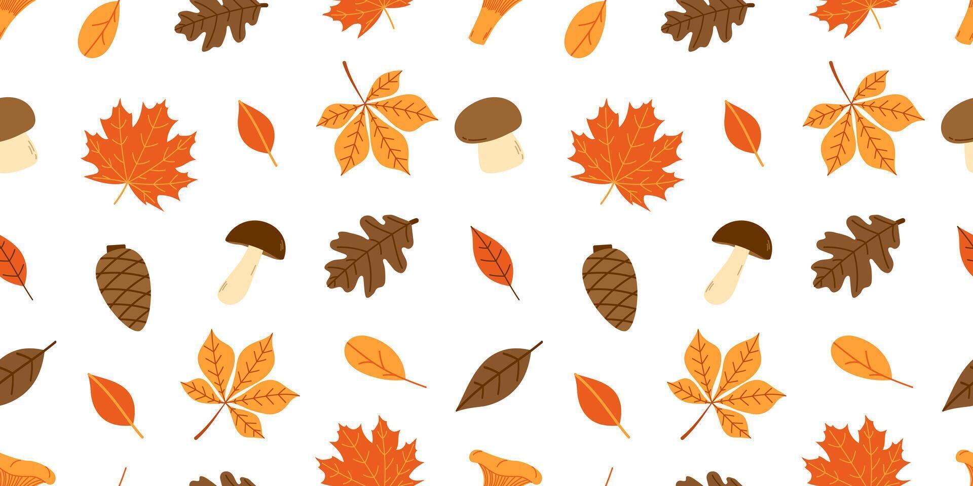 Autumn seamless pattern with fall leaves and mushrooms on white background. Flat illustration vector