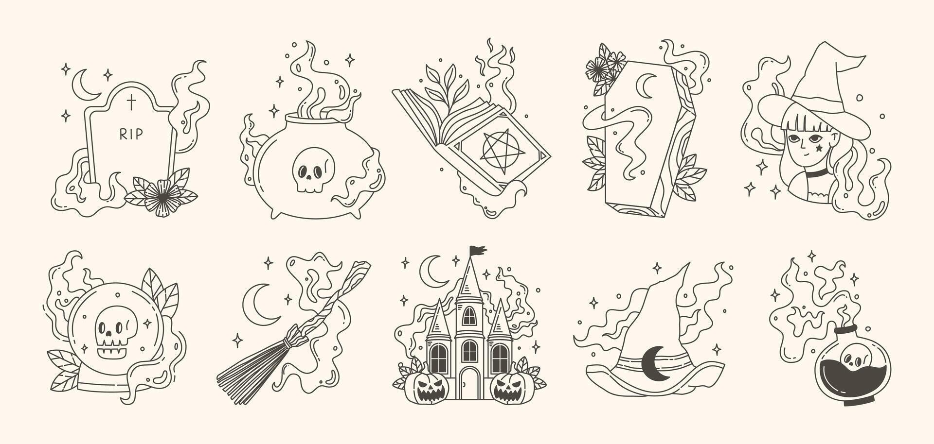 Vintage Hand Drawn Halloween Line Art with Witchy Elements Magical Objects and Spooky Decorations Illustrations Set vector