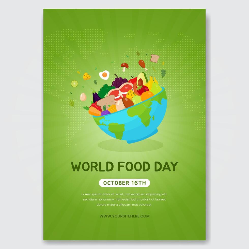 World Food Day October 16th poster design with maps bowl meals fruits and vegetables illustration vector