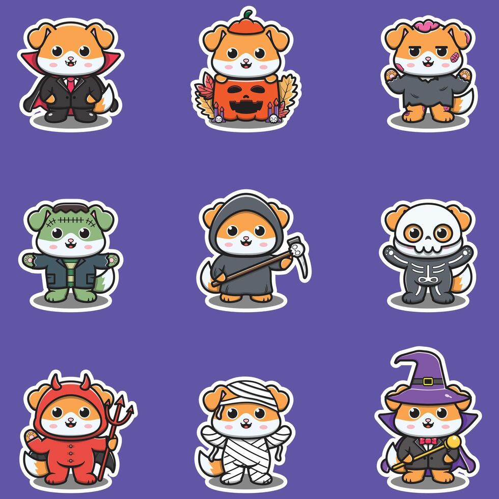 Illustration elements of group of Dog in halloween costumes. Halloween funny Dog . Stickers, illustration, banner, elements set vector