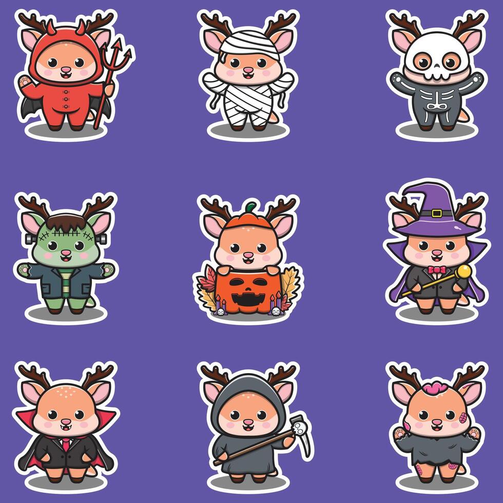 Illustration elements of group of Deer in halloween costumes. Halloween funny Deer . Stickers, illustration, banner, elements set vector