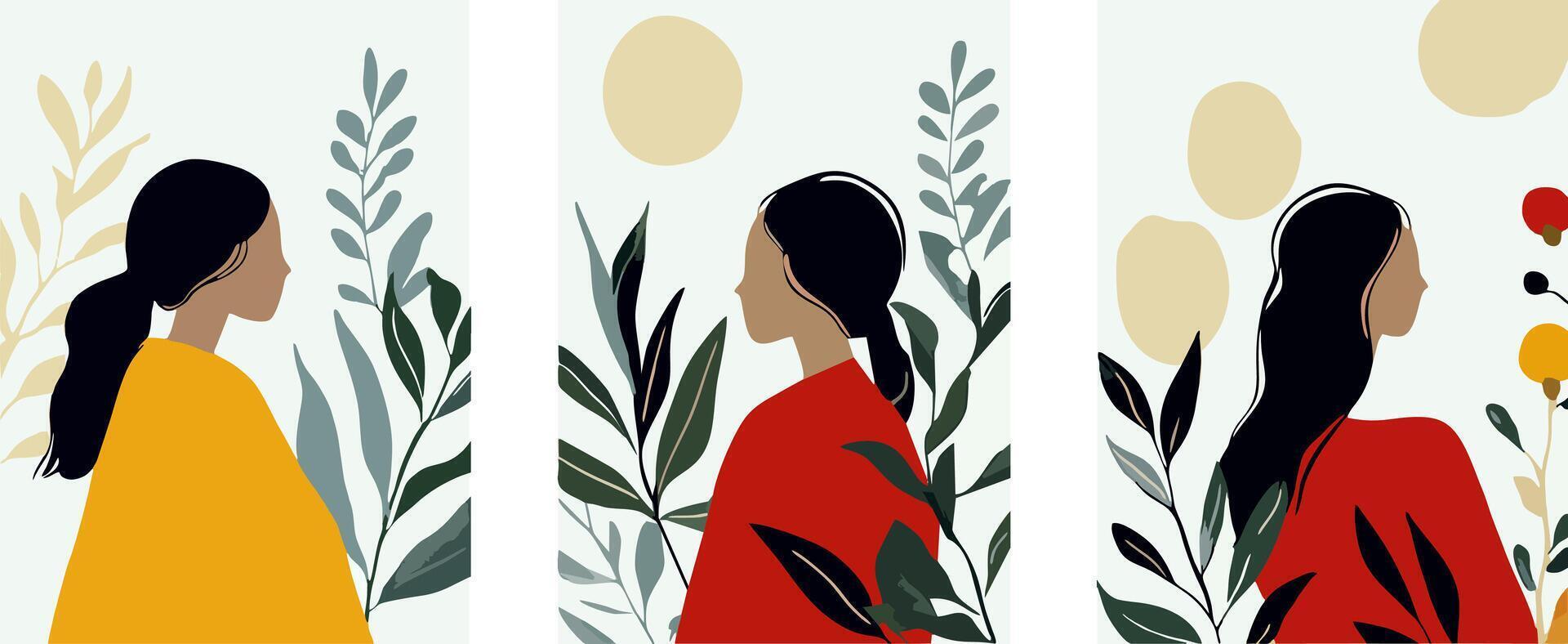 set of abstract illustrations with side-by-side profiles women vector