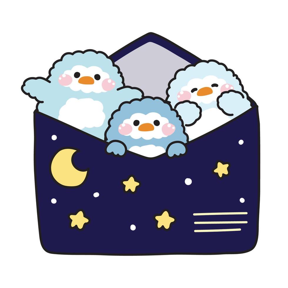 Cute penguin in paper mail have moon and star cartoon design.Message.Card.Bird animal character.Kawaii.Illustration. vector