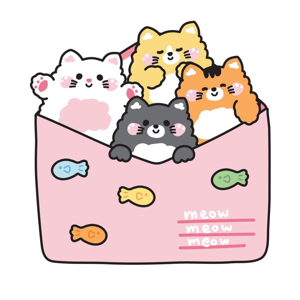 Cute cat in paper mail have fish cartoon design.Message.Card.Meow text.Pet animal character.Kawaii.Illustration. vector