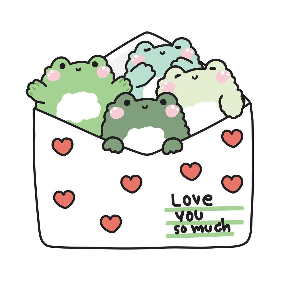 Cute frogs in paper mail have heart cartoon design.Message.Card.Love you so much text.Reptile animal character.Kawaii.Illustration. vector