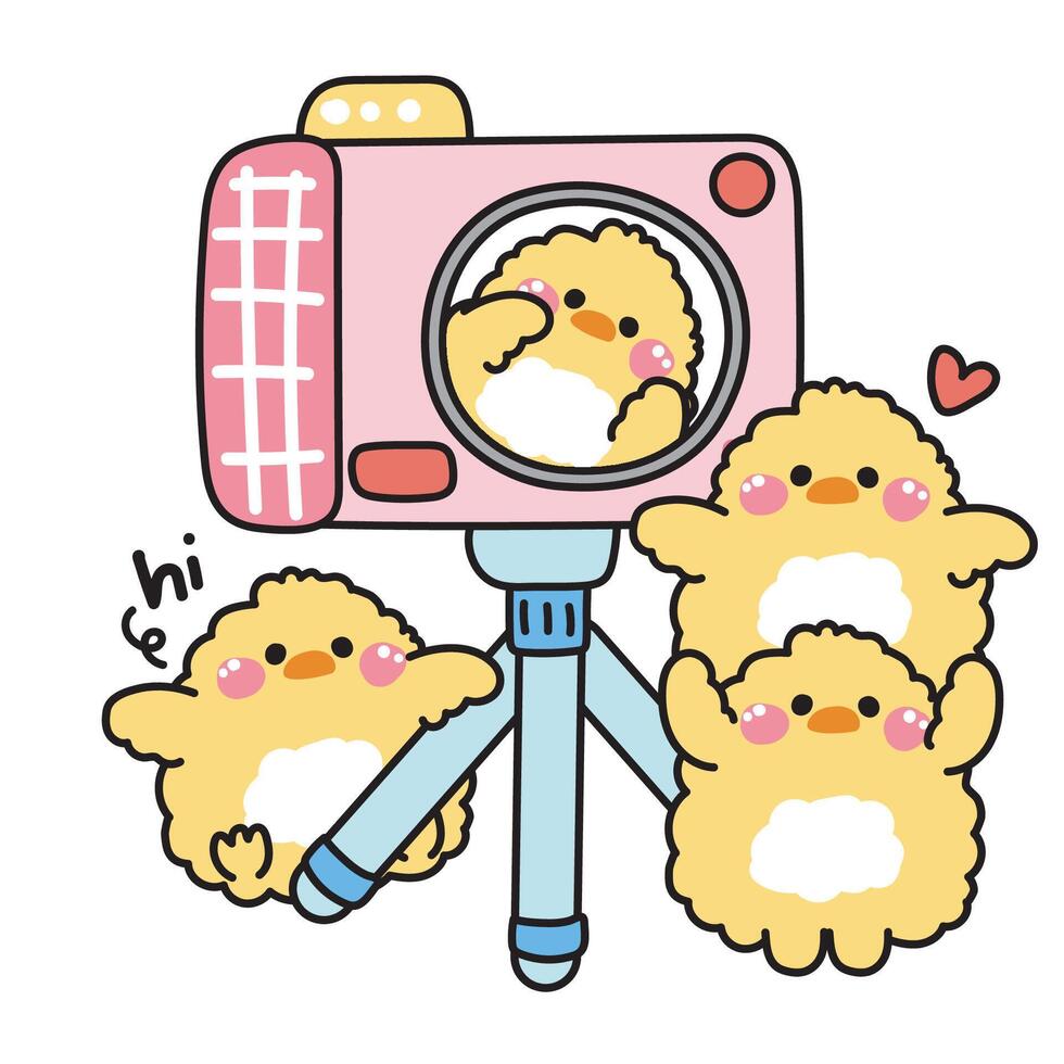 Camera with cute chicken in variou poses cartoon.Take a photo.Photographer.Farm animal character cartoon design.Kawaii.Illustration. vector
