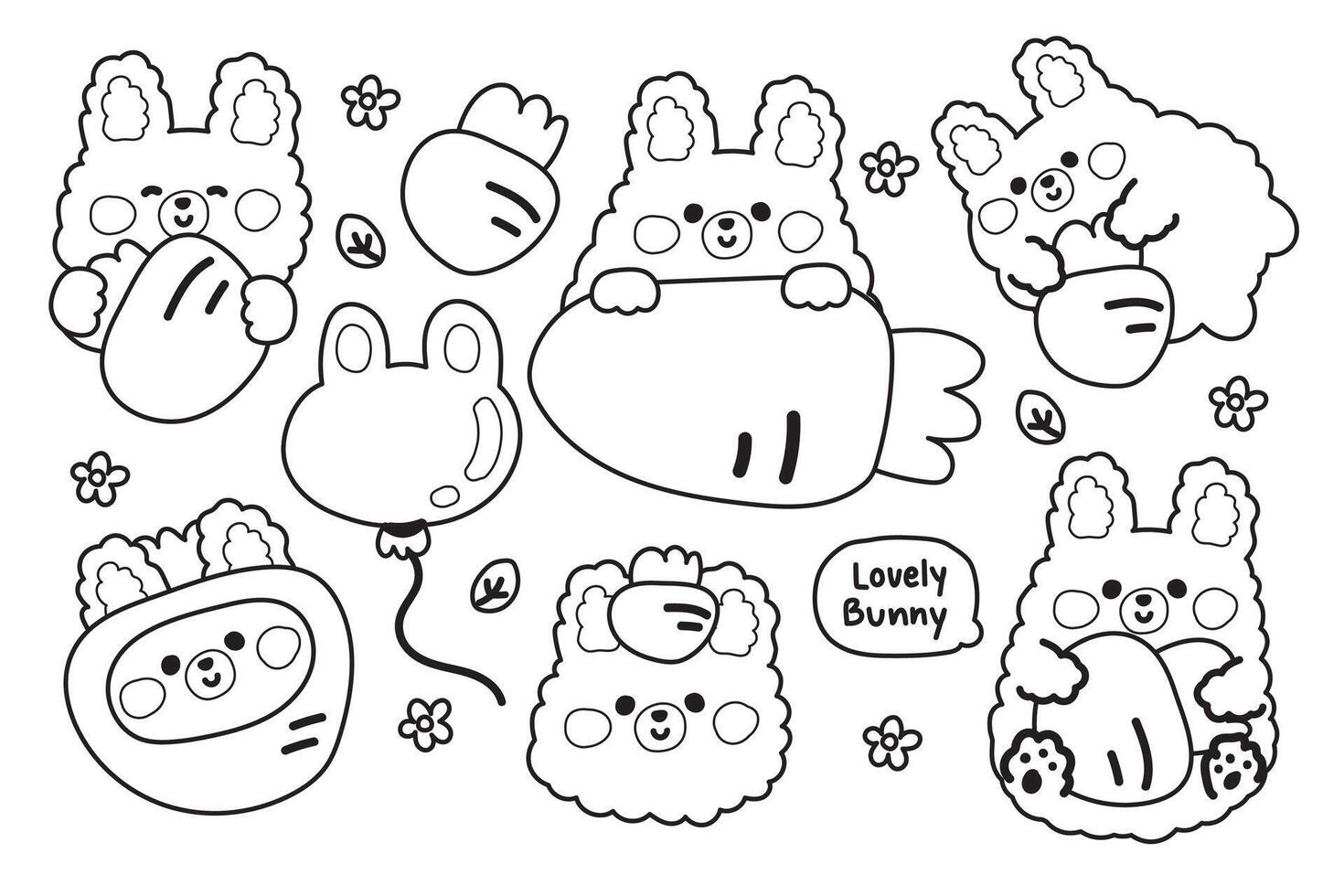Coloring book.Painting book for kid.Cute bunny rabbit in various poses.Face and head.Easter.Spring.Vegetables.Rodent animal character cartoon design.Kawaii.Illustration. vector