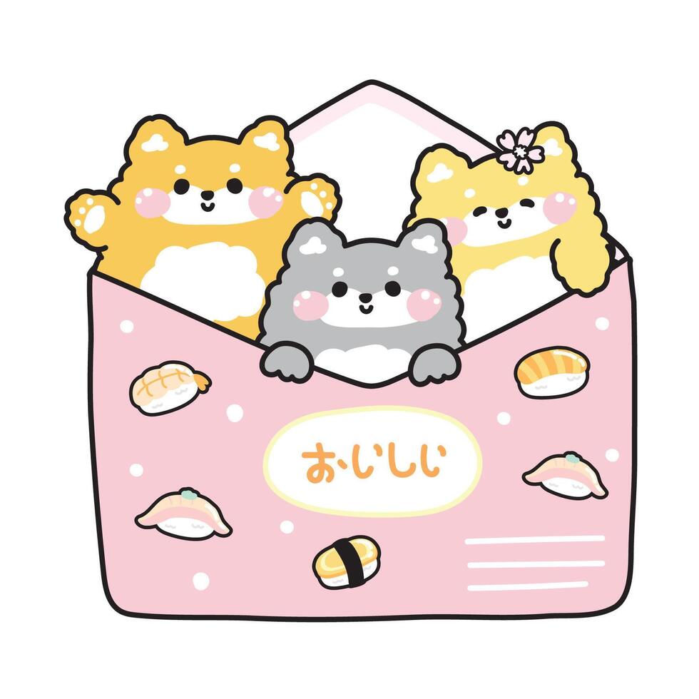 Cute shiba inu dog in paper mail have sushi food and sakura flower cartoon design.Message.Card.Japanese text mean yummy.Pet animal character.Kawaii.Illustration. vector