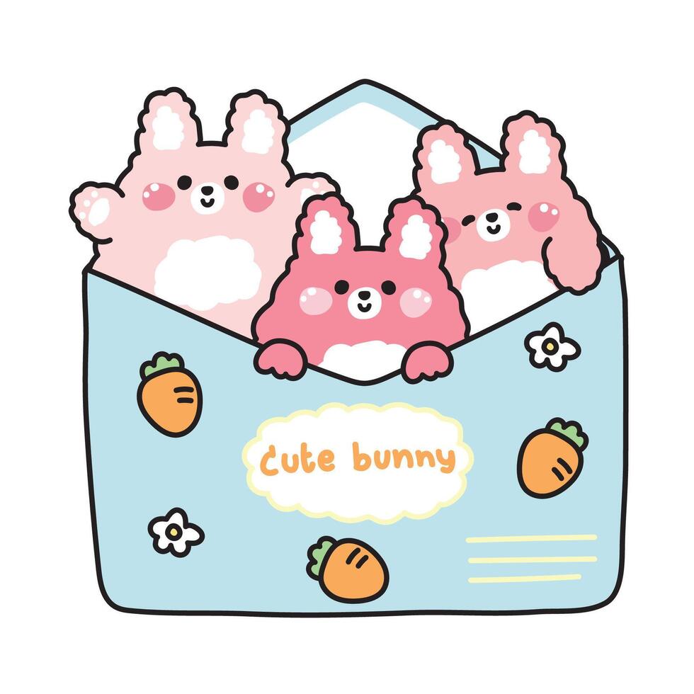 Cute bunny rabbit in paper mail have carrot and flower cartoon design.Message.Card.Rodent animal character.Kawaii.Illustration. vector