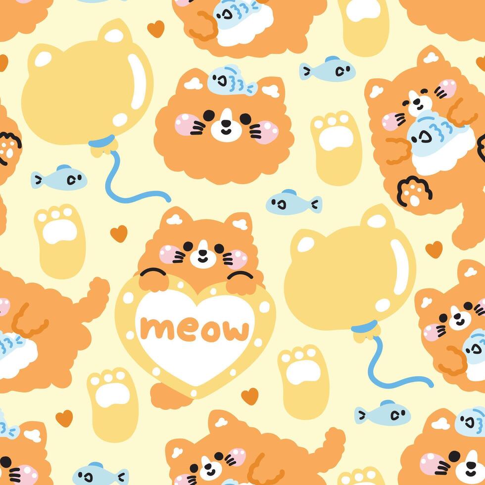 Seamless pattern of cute cat in various poses background.Meow lover.Balloon,paw,heart,fish hand drawn.Pet animal character cartoon design.Kawaii.Illustration. vector