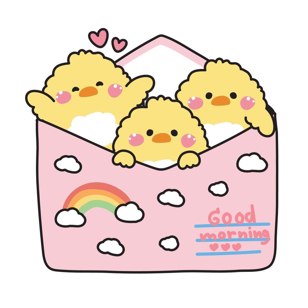 Cute chicken in paper mail have clous and rainbow cartoon design.Message.Card.Good morning text.Farm animal character.Kawaii.Illustration. vector
