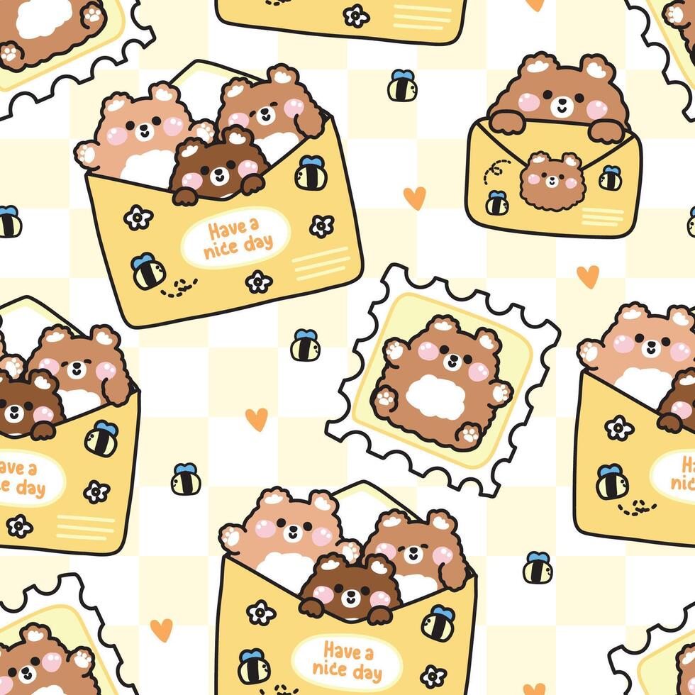 Seamless pattern of cute teddy bears various poses in big honey jar with flower and bee background.Bear eat honey.Wild animal character cartoon design.Kawaii.Illustration. vector