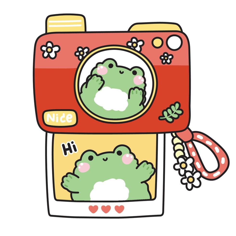 Camera have cute frog greeting picture cartoon.Take a photo.Photographer.Flower and leaf.Reptile animal character cartoon design.Kawaii.Illustration. vector