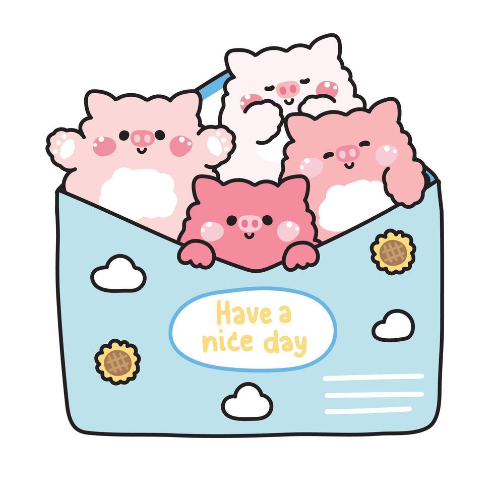 Cute pig in paper mail have cloud and sunflower cartoon design.Message.Card.Have a nice day text.Farm animal character.Kawaii.Illustration. vector