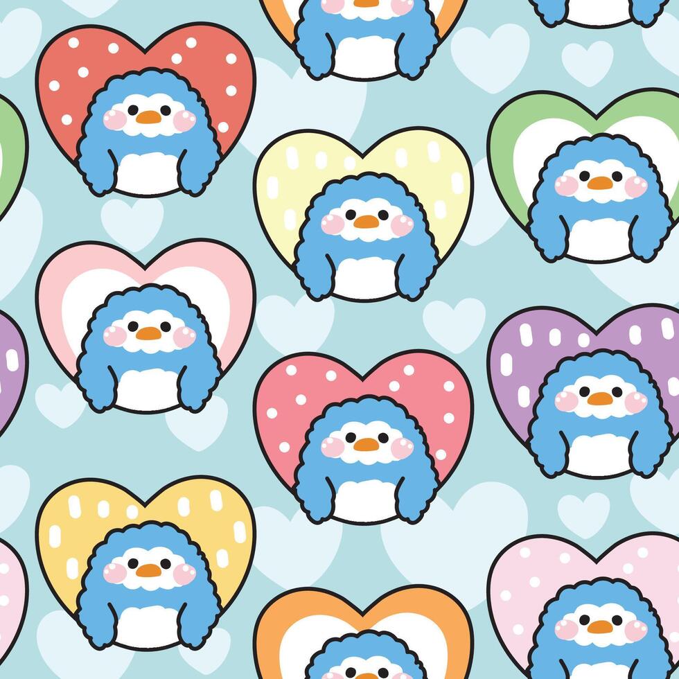 Seamless pattern of cute penguin in heart various pattern background.Valentines day.Bird animal character cartoon design.Kawaii.Illustration. vector