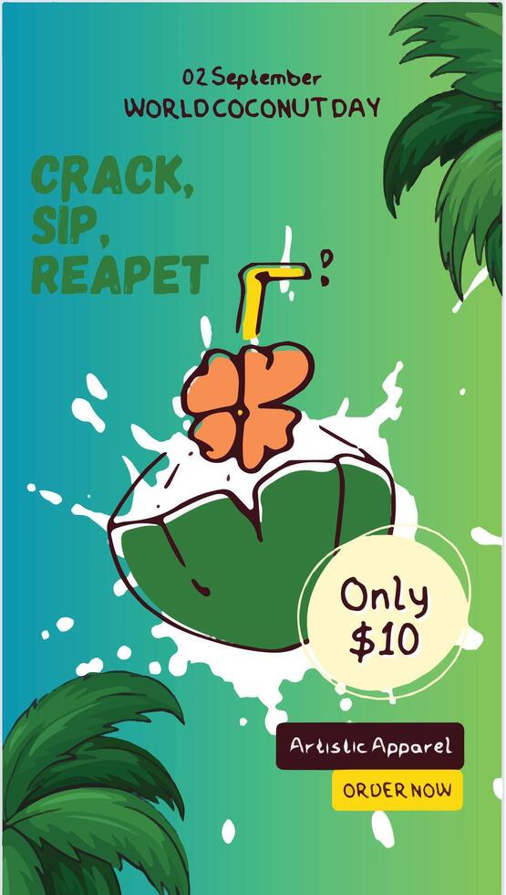 Coconut day image shown in corner coconut tree, and center coconut and splash coconut water. vector