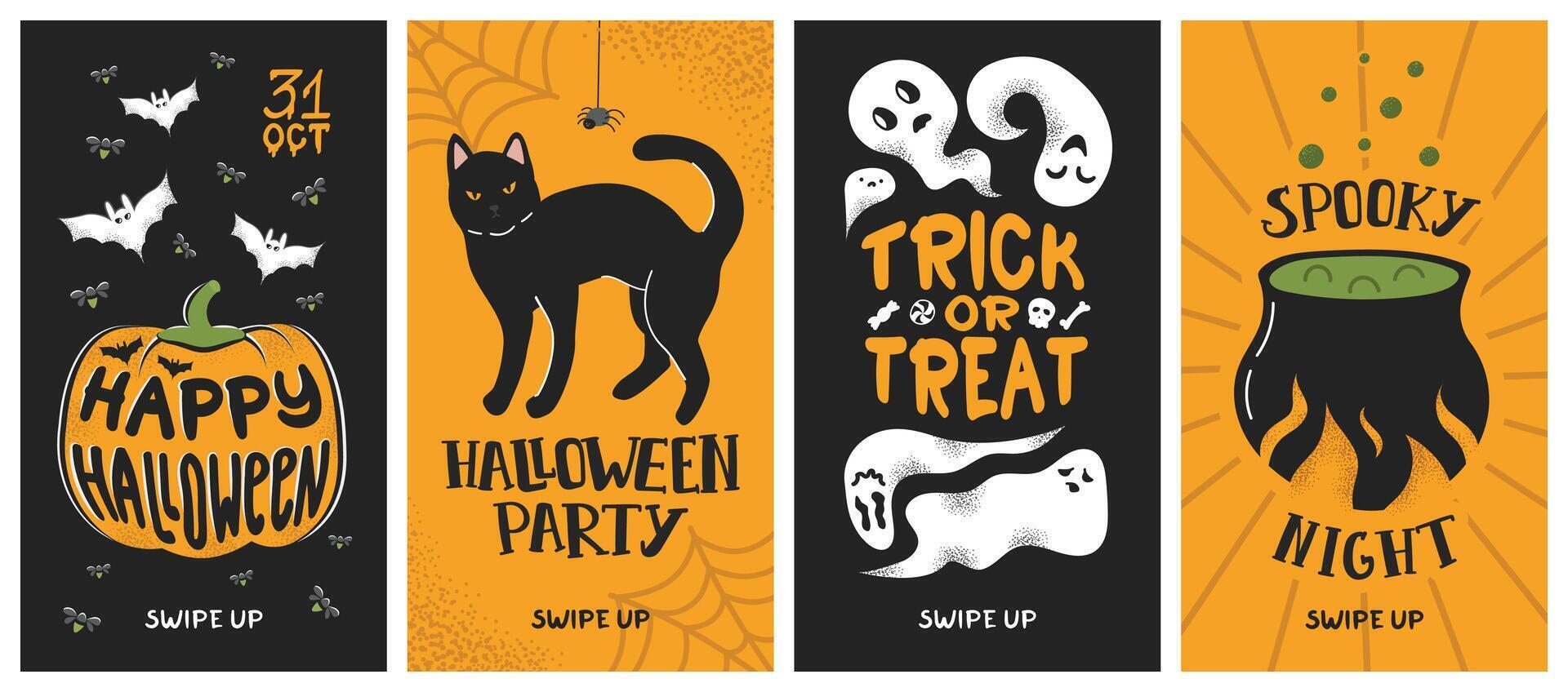 Set of Halloween vertical banners template, with black cats, pumpkins, ghosts, and cauldrons. For social media stories, Halloween events, parties, invitations, or spooky promotions, posters, prints. vector