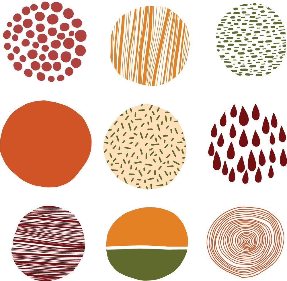 Set of round abstract colorful backgrounds and patterns. Autumn colors, green and orange design elements. Hand drawn drawings. Spots, drops, bends, lines. Posters, social media icon templates vector