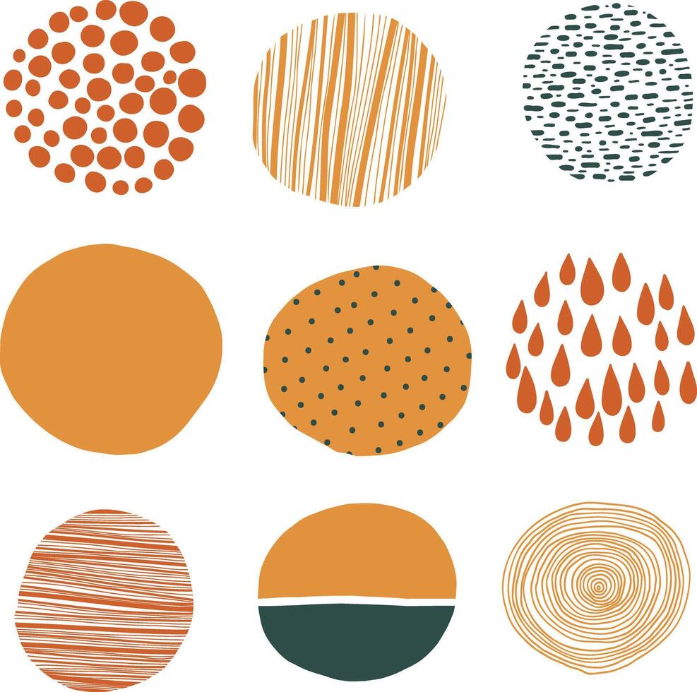 Set of round abstract colorful backgrounds and patterns. Autumn colors, green. Hand drawn drawings. Spots, drops, bends, lines, finishing touches. Posters, social media icon templates vector