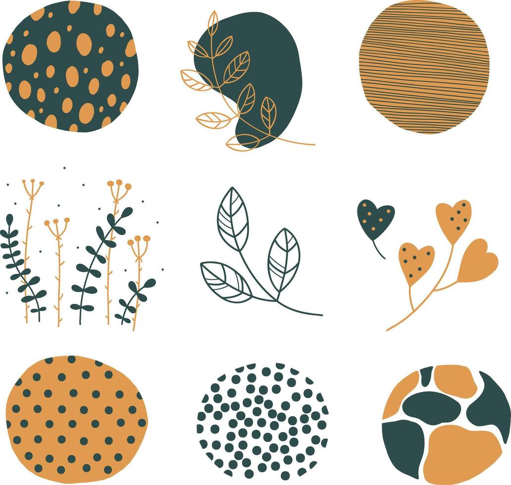 Set of round abstract colorful backgrounds or patterns. Autumn colors, green, orange and yellow. Hand drawn drawings. Spots, drops, bends, lines. Modern fashion illustration. vector