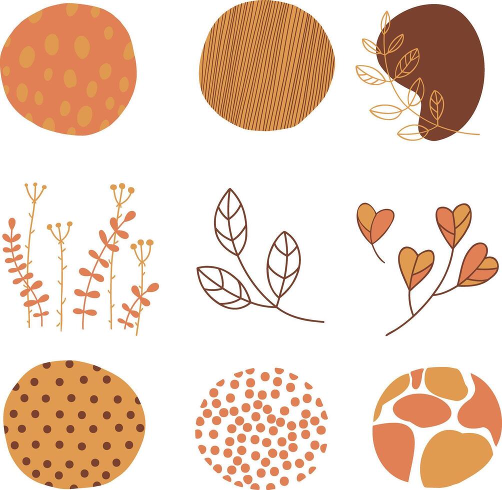 Set of round abstract colorful backgrounds or patterns. Autumn colors, orange, yellow and brown. Hand drawn drawings. Spots, drops, bends, lines. Modern fashion illustration. vector