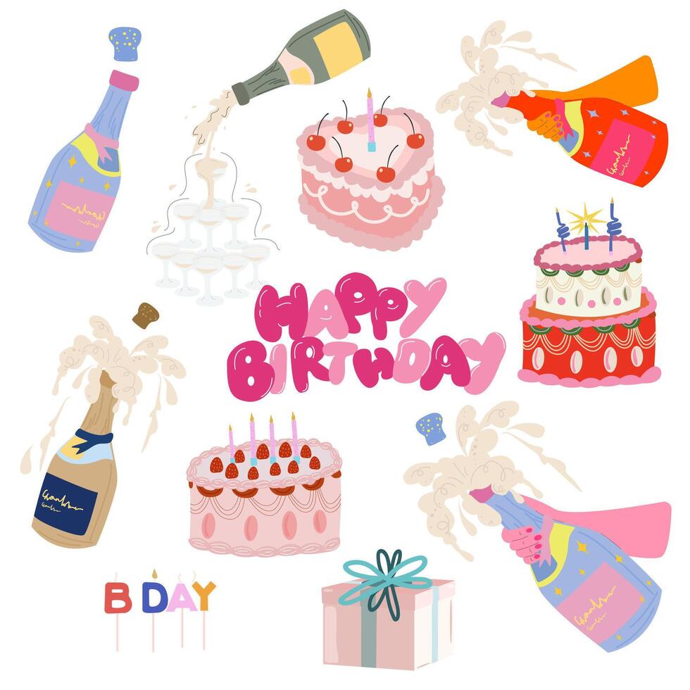 Happy Birthday stickers collection in cartoon retro 90s style. bright template for party and event. Champagne bottles, vintage cakes, cocktail glasses and gift box on a white background vector
