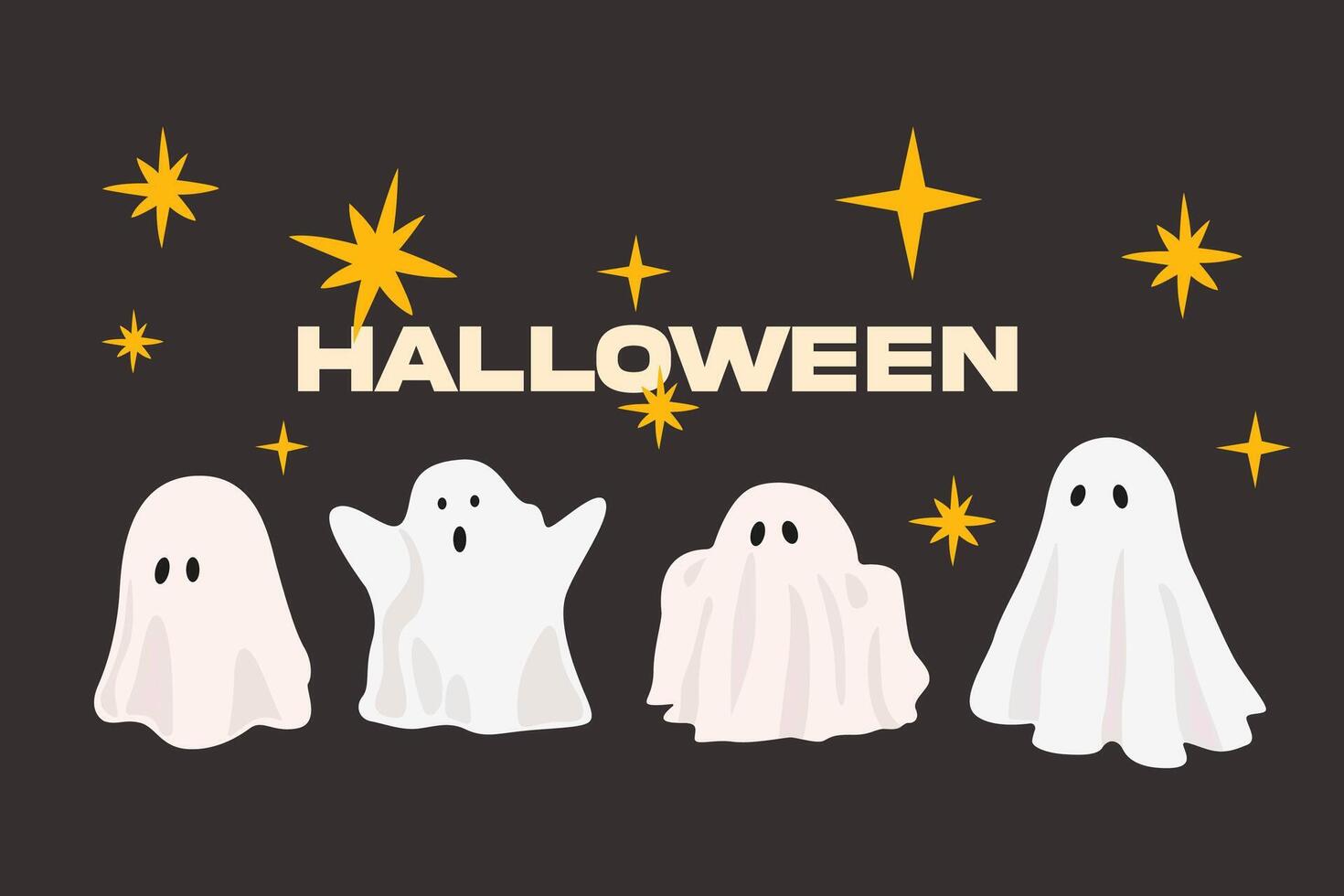 Happy Halloween day. Spooky season illustration on a black background with inscription. A set of cute ghosts in different poses, human skull with candle and human lower jaw with gold teeth vector