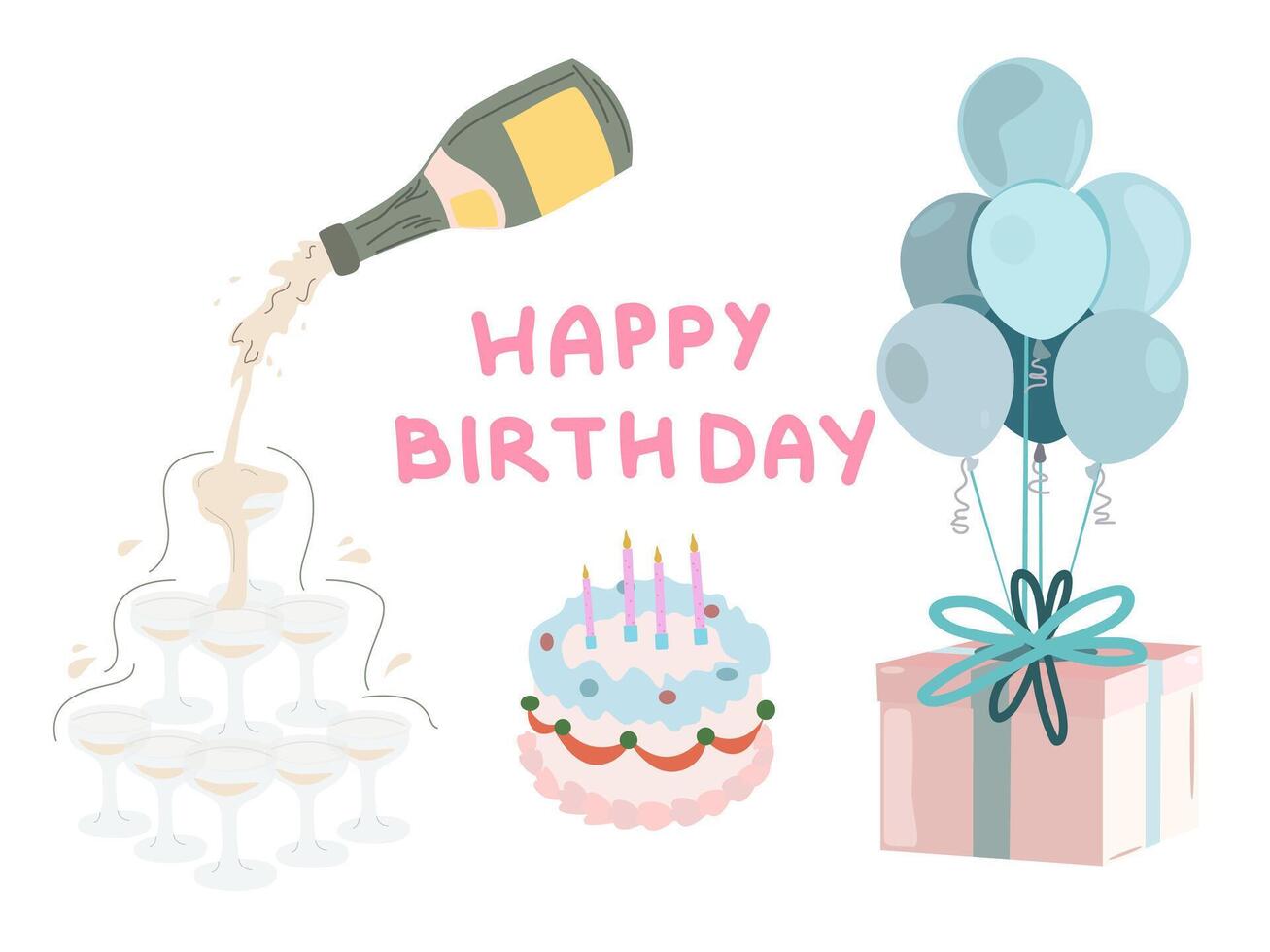 Happy Birthday stickers collection in flat retro 90s style. Champagne bottles, vintage cakes, cocktail glasses and gift box with balloons on a white background. Birthday greeting poster vector