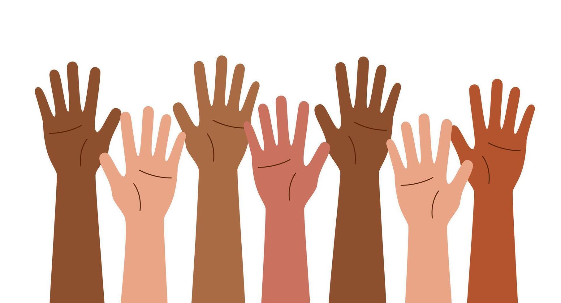 Human hands raised up isolated on white background. Voting concept. Racial equality concept. Friendship concept. Concept of struggle for rights. vector