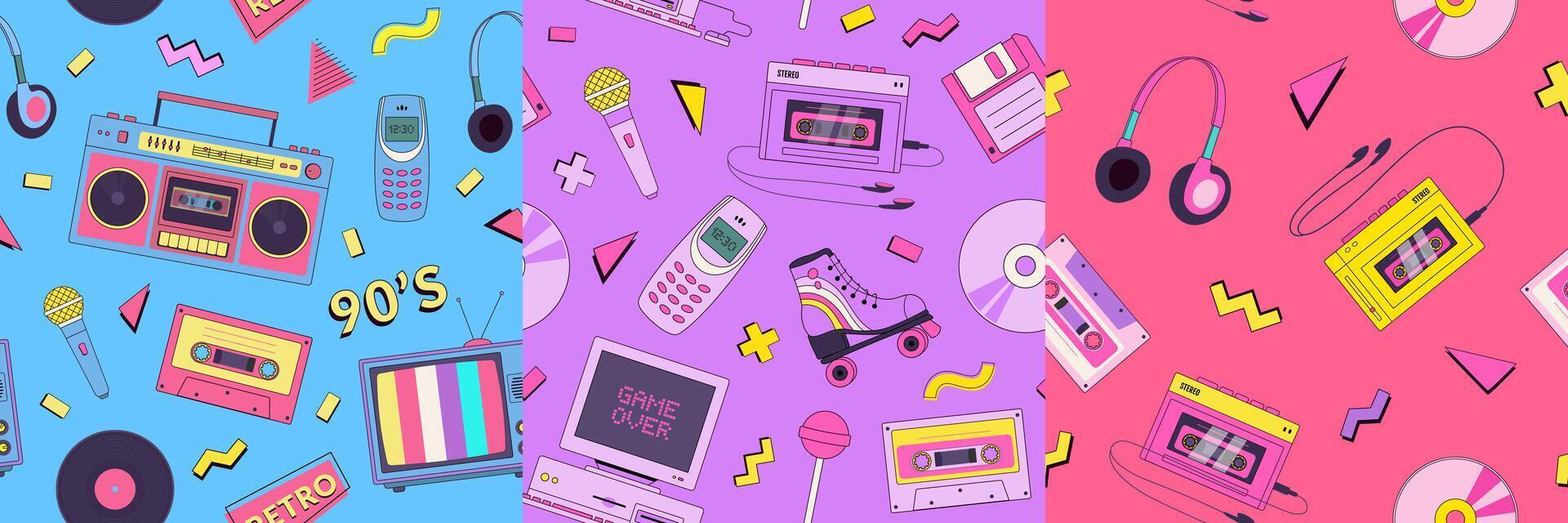 Set of retro cartoon 90s, y2k devises seamless pattern. Vintage technologies, music background. Old computer, floppy disk, phone, audio cassette, player, microphone, phone vector