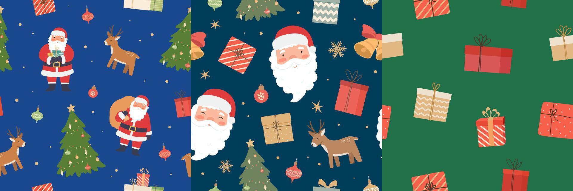 Set of Merry Christmas seamless pattern with Santa Claus, Xmas tree, giftboxes, deer. Happy New Year background. illustration. vector