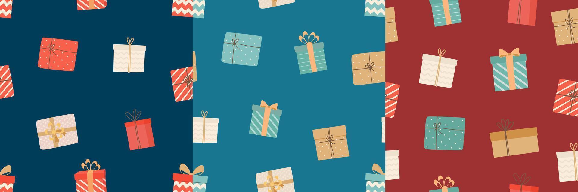 Set of Christmas and New Year seamless pattern with gift boxes. Birthday background. illustration. vector