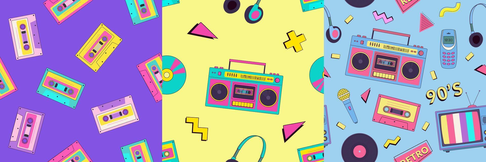 Set of retro cartoon 90s music seamless pattern. Nostalgia 1990s, y2k. Disco background vector